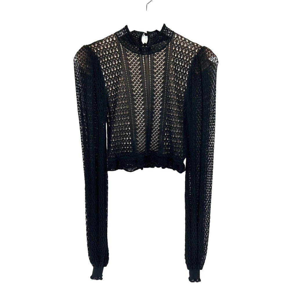 Ronny Kobe  Top Women Small Black Crop Lace Long Bell Sleeve Jewel Neck Stretch